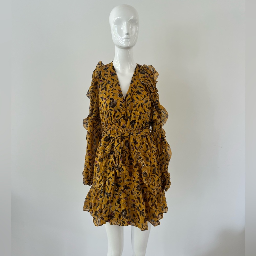 Ulla Johnson Mustard Yellow Silk Ruffle Mini Dress 6 - Picture 2 of 7